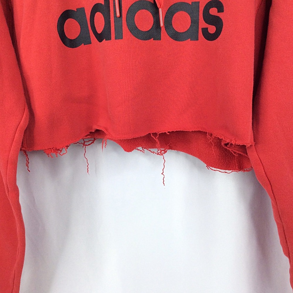 Adidas Women's Crop Hoodie Sweatshirt Size Medium Red Frayed Hem - Picture 4 of 9